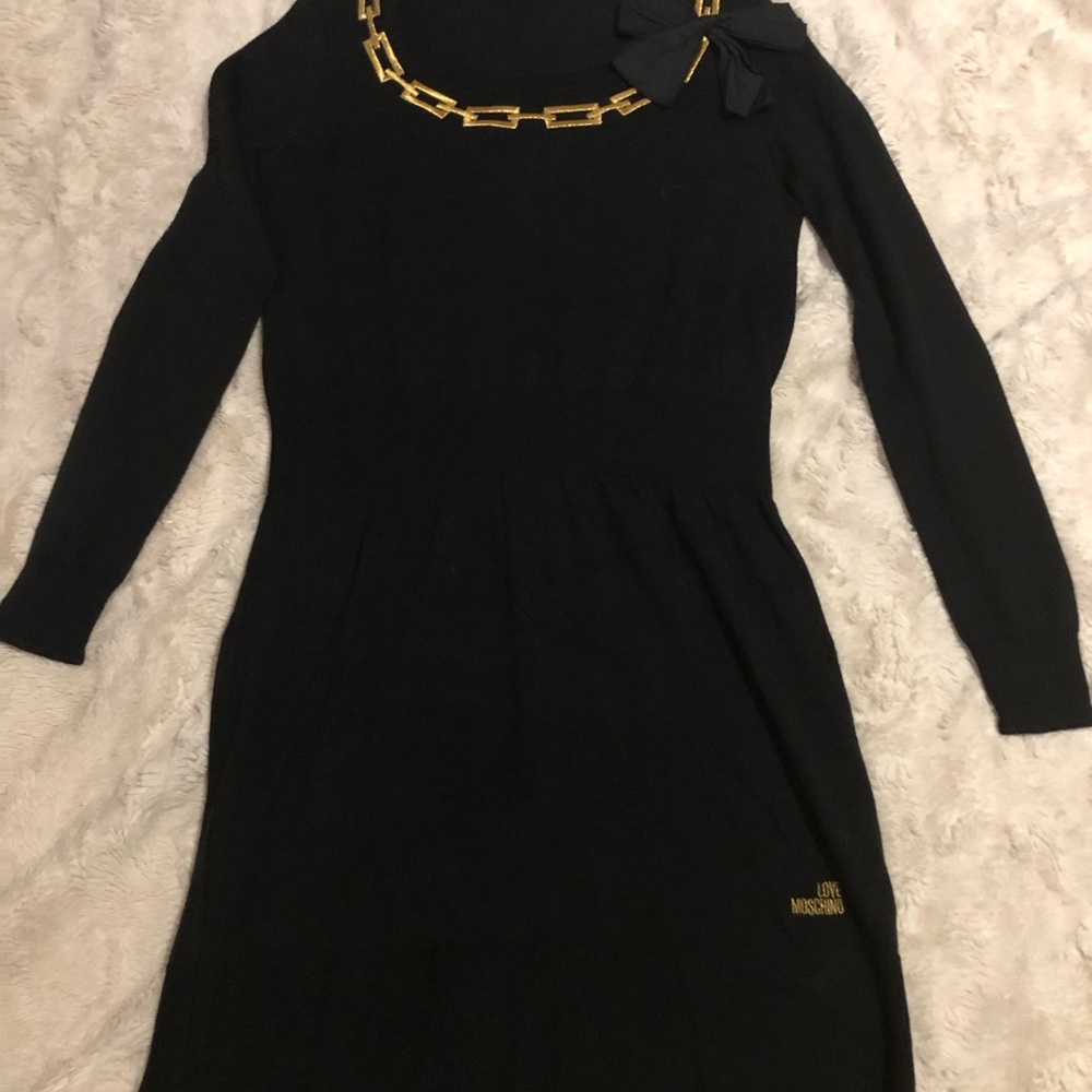 Authentic Love Moschino Knit Long Sleeve Black Dress Size Small Ribbon Design